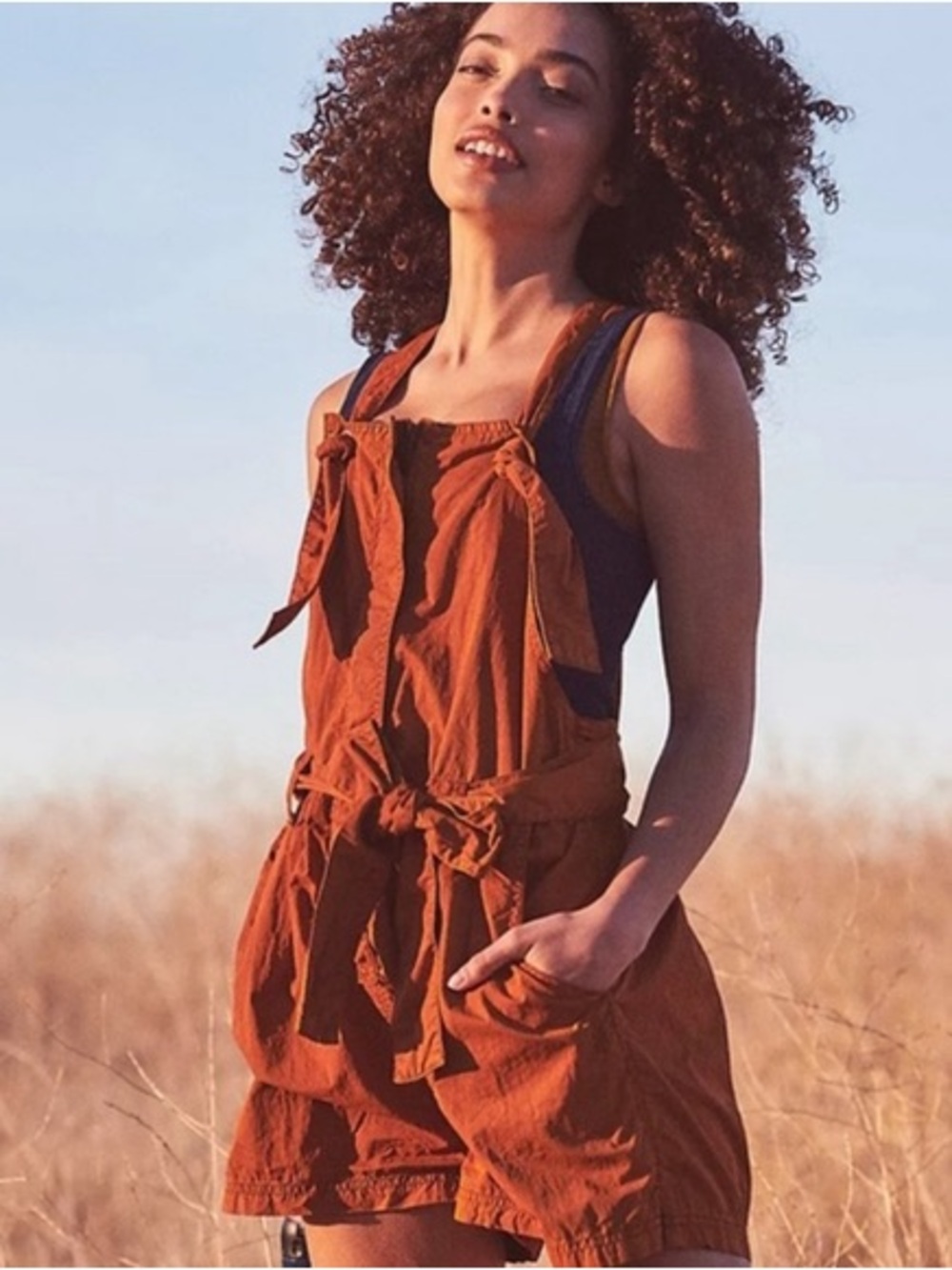 FP Movement by Free People Rust Orange Tie-Shoulder Romper with Waist Sash